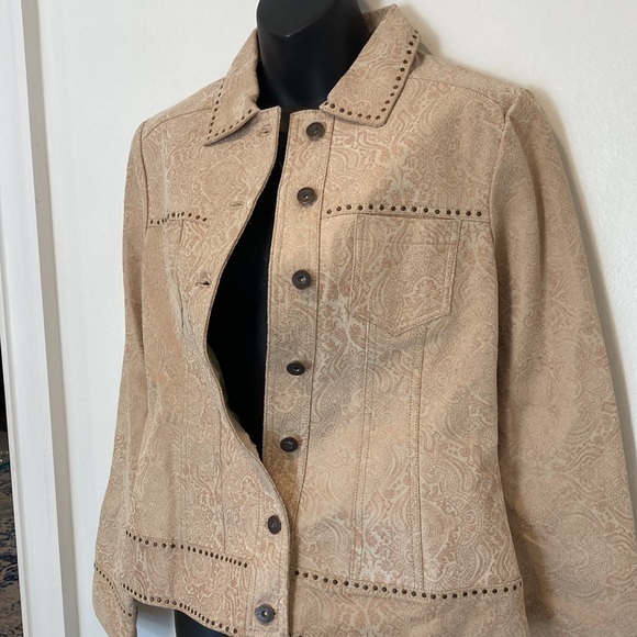 C CONCEPT Leather Jacket Tan with Paisley Rose Gold Design Size 8 - Picture 3 of 8